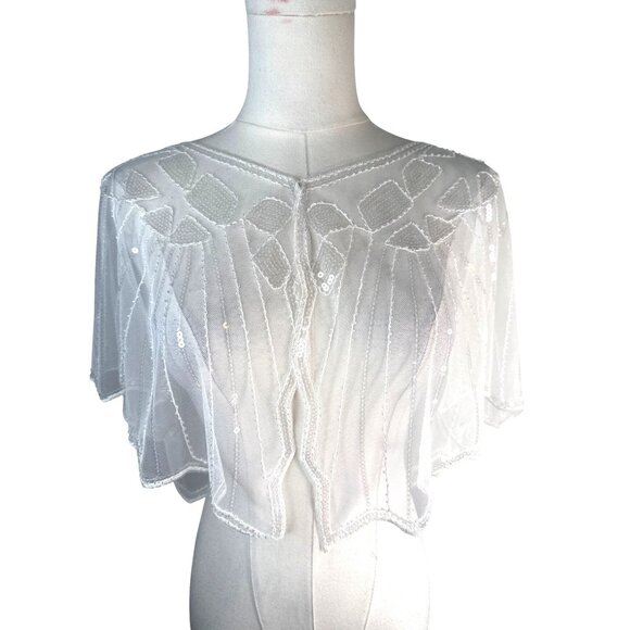 Vintage OS White Beaded Sequin Capelet Bridal Shawl - Picture 2 of 13